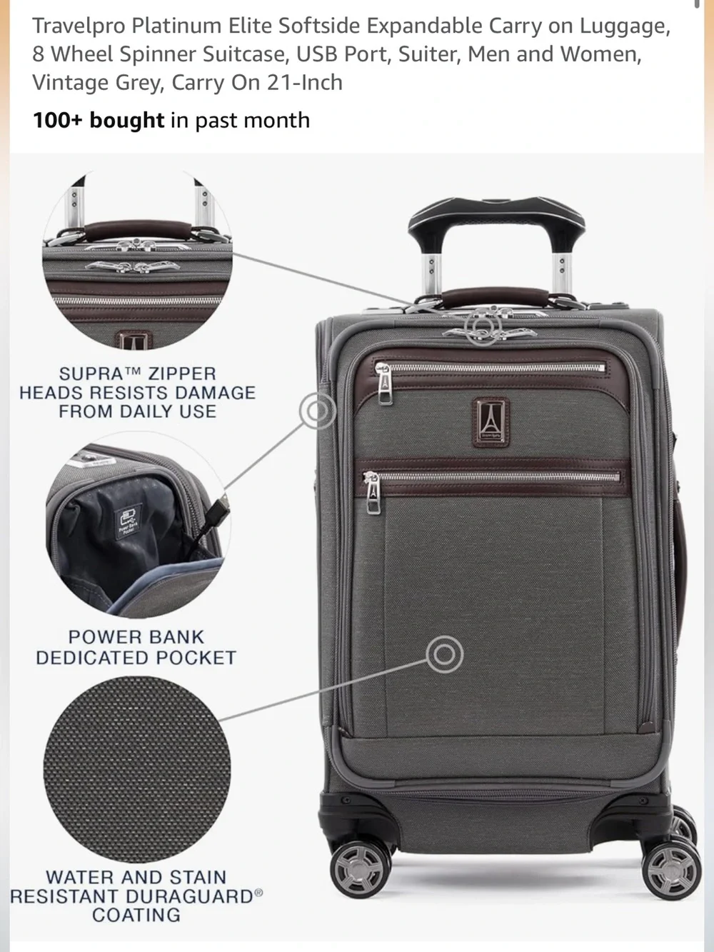Travelpro Platinum Elite Expandable Carry On Suitcase in Vintage Gray
